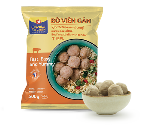 Boulettes de boeuf avec nerf Bo Vien Gan avec produit. Beef Meatball with tendon Bo Vien Gan with product. New packaging. Nouvel emballage.