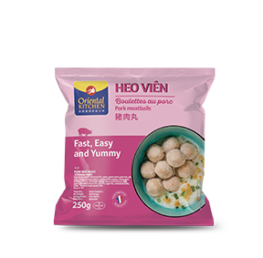 Boulettes de porc Heo Vien 250g. Pork Meatball Heo Vien 250g. Nouvel emballage. New packaging. Surgelé. Frozen.